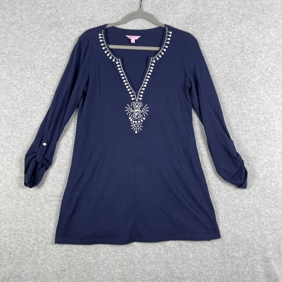 Lilly Pulitzer Tops - Lilly Pulitzer Elaine Embroidered Tunic Top Womens M True Navy Split Neck Casual